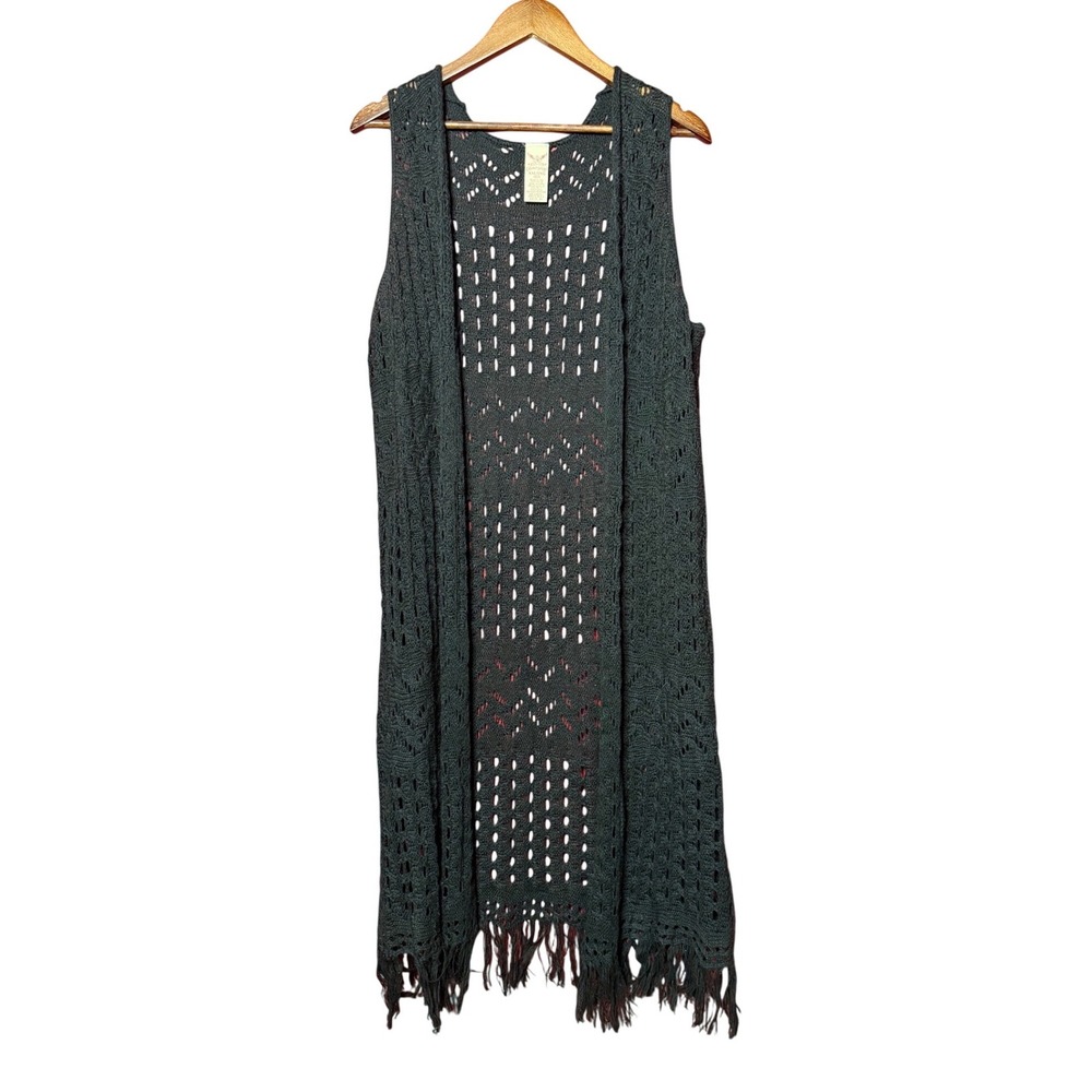 Faded Glory Longline Cardigan Women 2X Black Crochet Fringe Duster Bohemian
